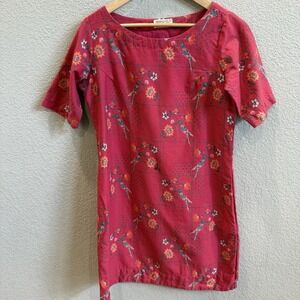 Cotton Linen Sheath Dress L Bombay Paisley Short Sleeve Lined Pink Bird Floral